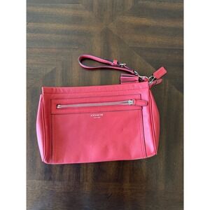 Coach Coral Pink Leather Wristlet Clutch Zip Pouch Tassel EUC (015)